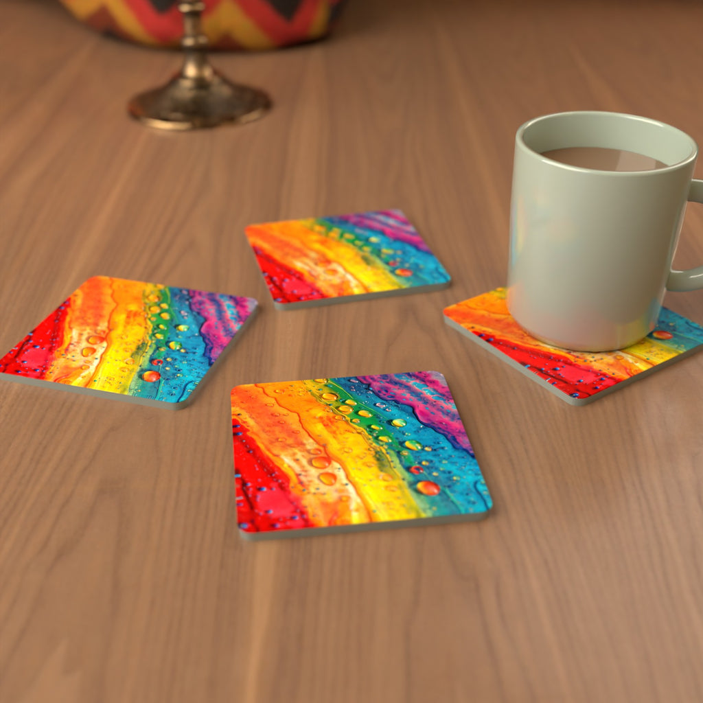 Rainbow Paint Pour Square Glass Coasters – Set of 6 – Pre-order – lifestyle mockup 3