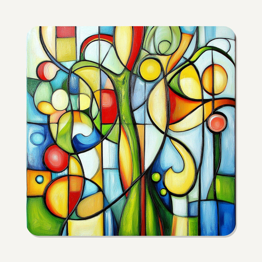 Cubist Garden Abstract – the flat artwork printed on these square glass coasters