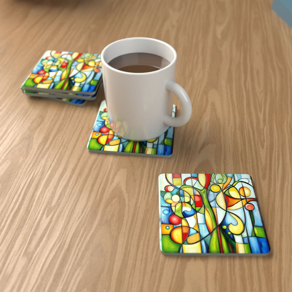 Cubist Garden Abstract Square Glass Coasters – Set of 6 – Pre-order – lifestyle mockup 1