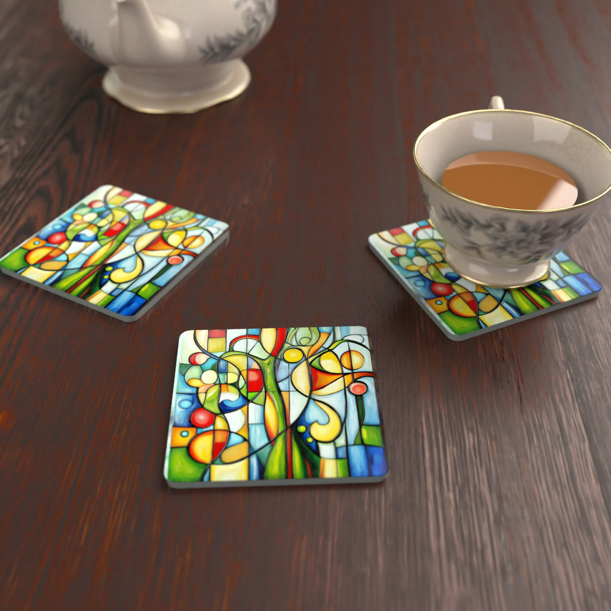 Cubist Garden Abstract Square Glass Coasters – Set of 6 – Pre-order – lifestyle mockup 2