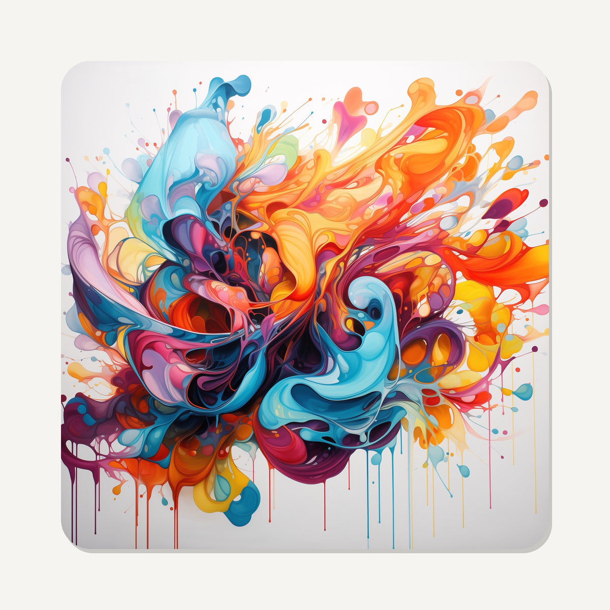 Bright Paint Burst – the flat artwork printed on these square glass coasters