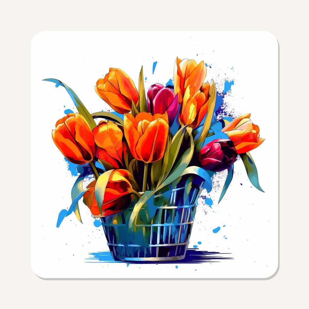 Orange Tulip Basket – the flat artwork printed on these square glass coasters