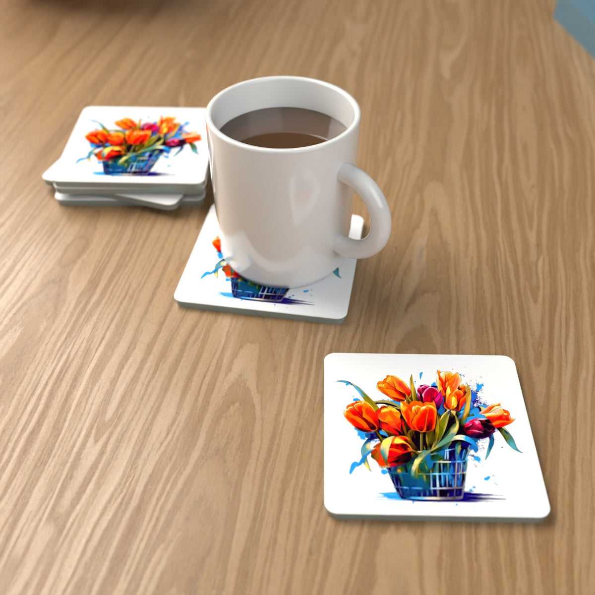 Orange Tulip Basket Square Glass Coasters – Set of 6 – Pre-order – lifestyle mockup 1