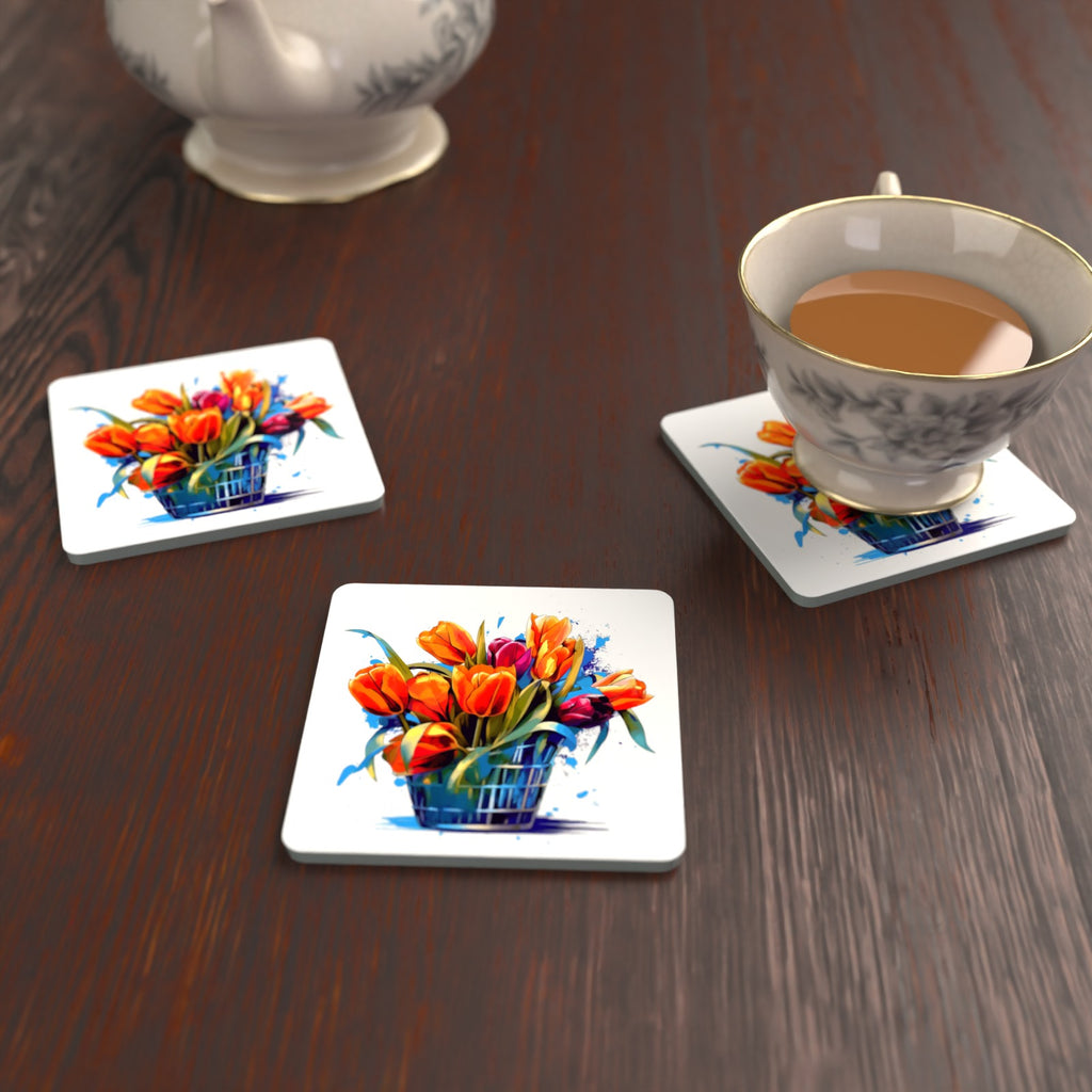 Orange Tulip Basket Square Glass Coasters – Set of 6 – Pre-order – lifestyle mockup 2