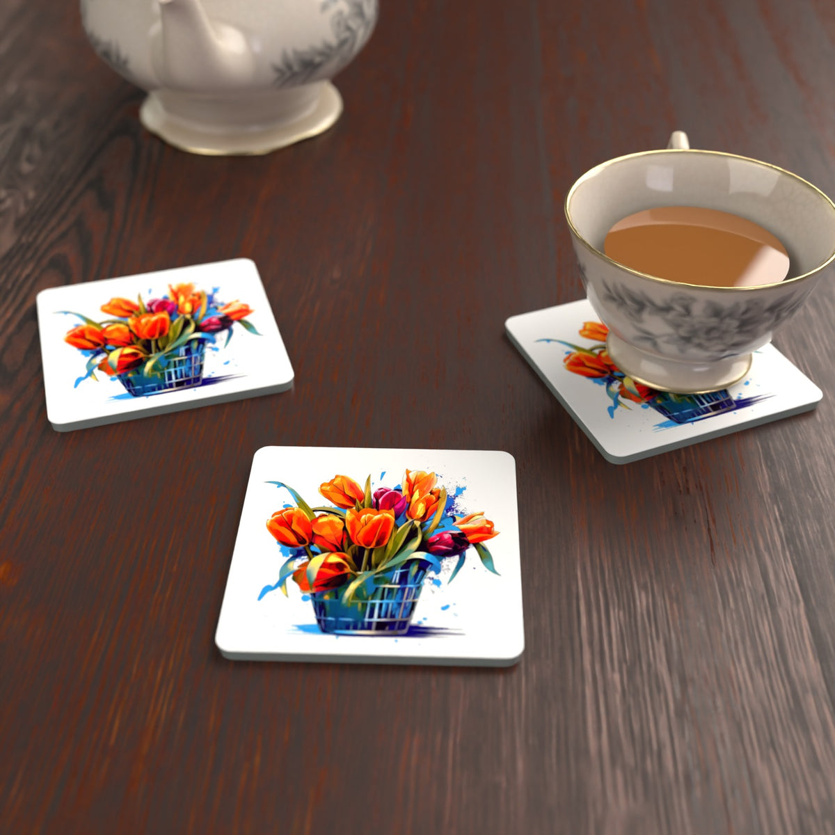 Orange Tulip Basket Square Glass Coasters – Set of 6 – Pre-order – lifestyle mockup 2