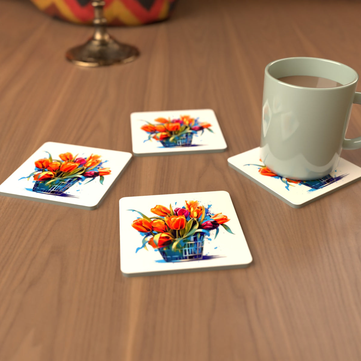 Orange Tulip Basket Square Glass Coasters – Set of 6 – Pre-order – lifestyle mockup 3