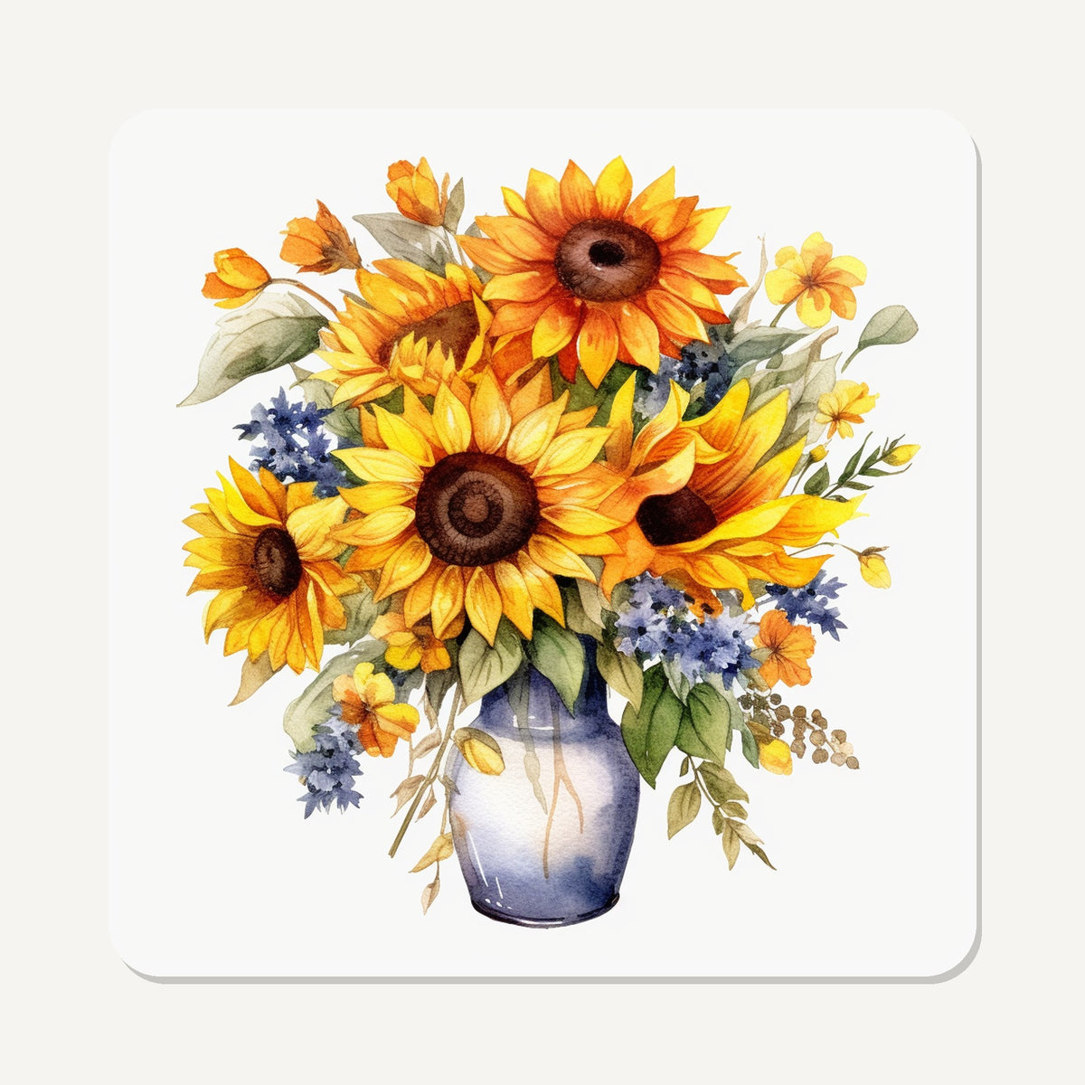 Sunflower Vase – the flat artwork printed on these square glass coasters