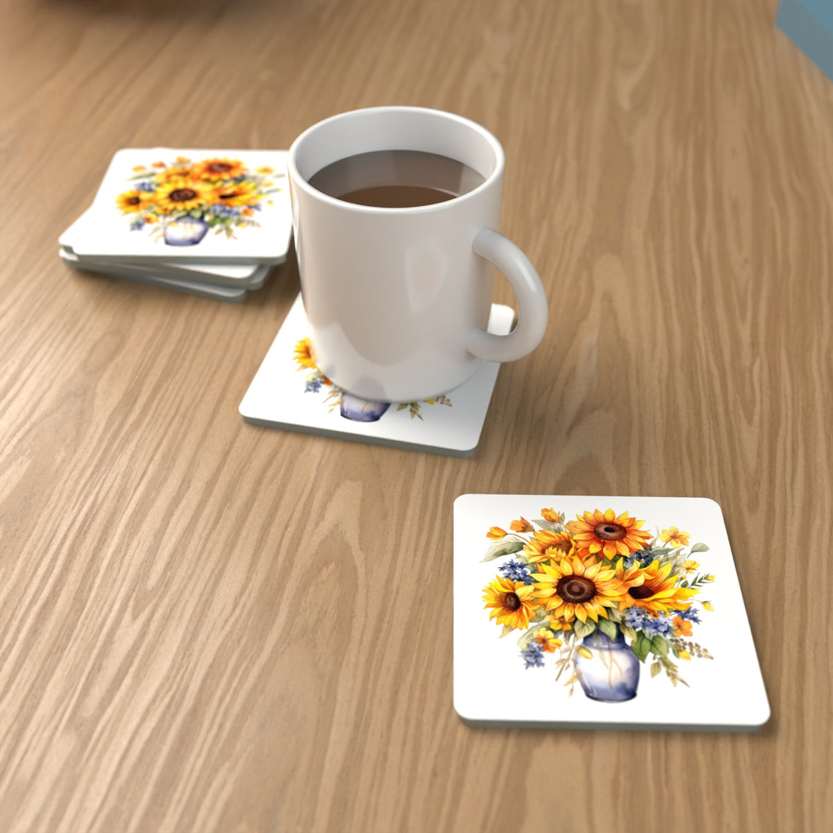 Sunflower Vase Square Glass Coasters – Set of 6 – Pre-order – lifestyle mockup 1