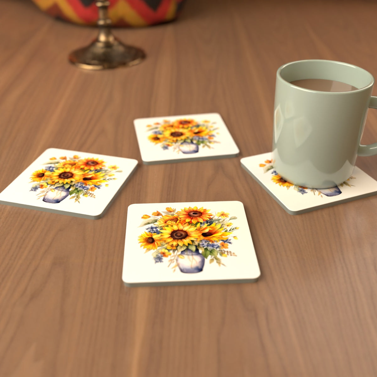 Sunflower Vase Square Glass Coasters – Set of 6 – Pre-order – lifestyle mockup 3