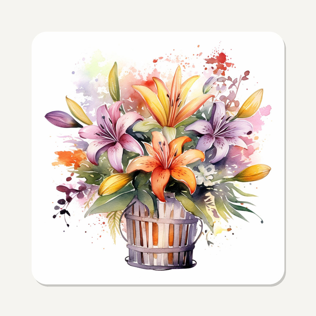 Lily & Wildflower Bouquet – the flat artwork printed on these square glass coasters