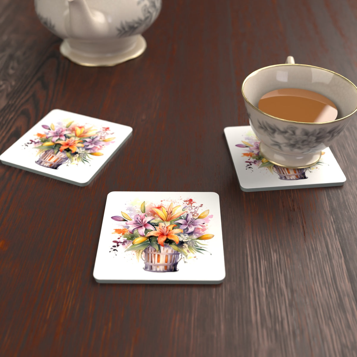 Lily & Wildflower Bouquet Square Glass Coasters – Set of 6 – Pre-order – lifestyle mockup 2