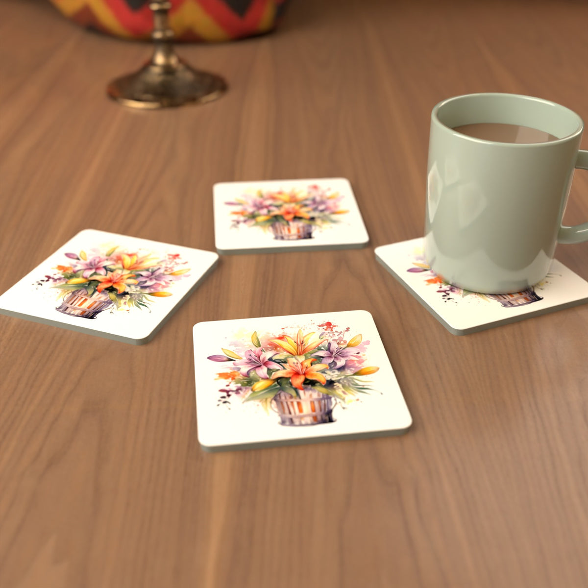 Lily & Wildflower Bouquet Square Glass Coasters – Set of 6 – Pre-order – lifestyle mockup 3
