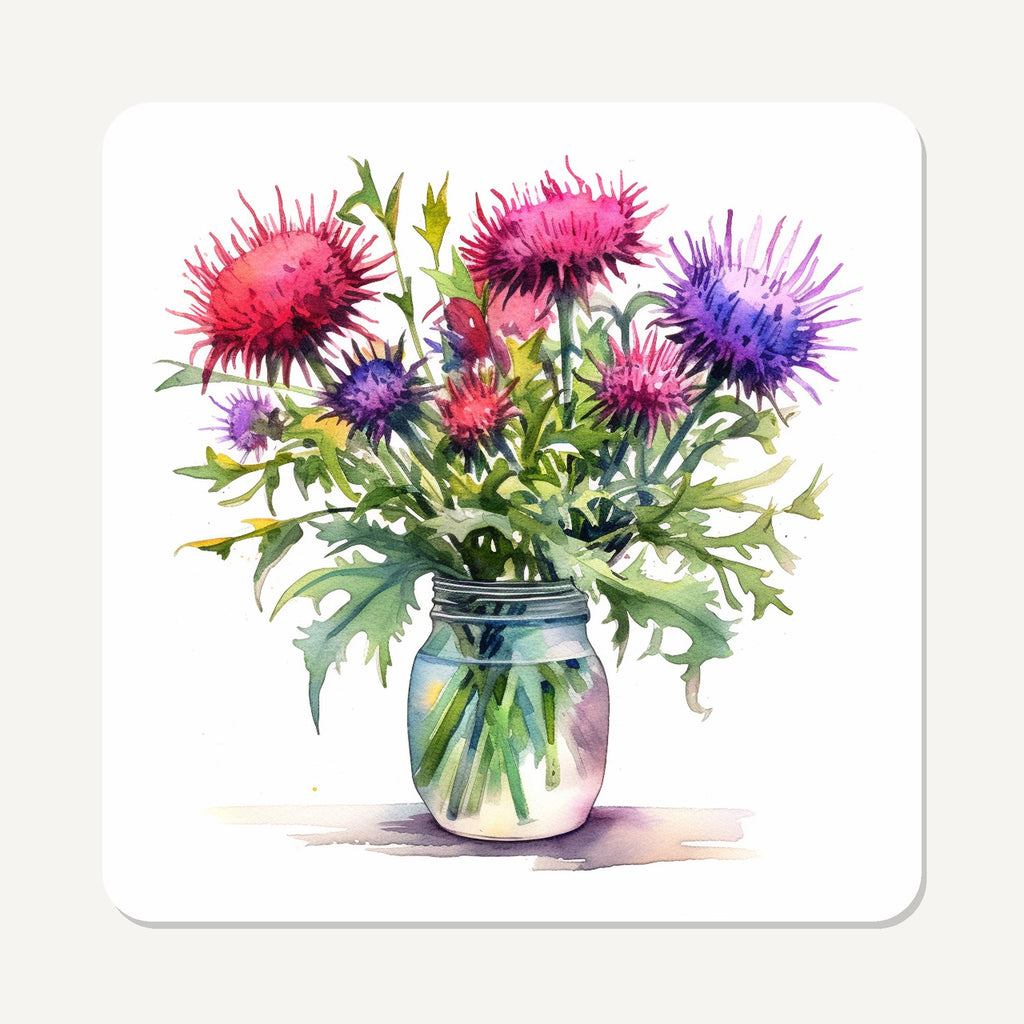 Thistle & Wildflower Jar – the flat artwork printed on these square glass coasters