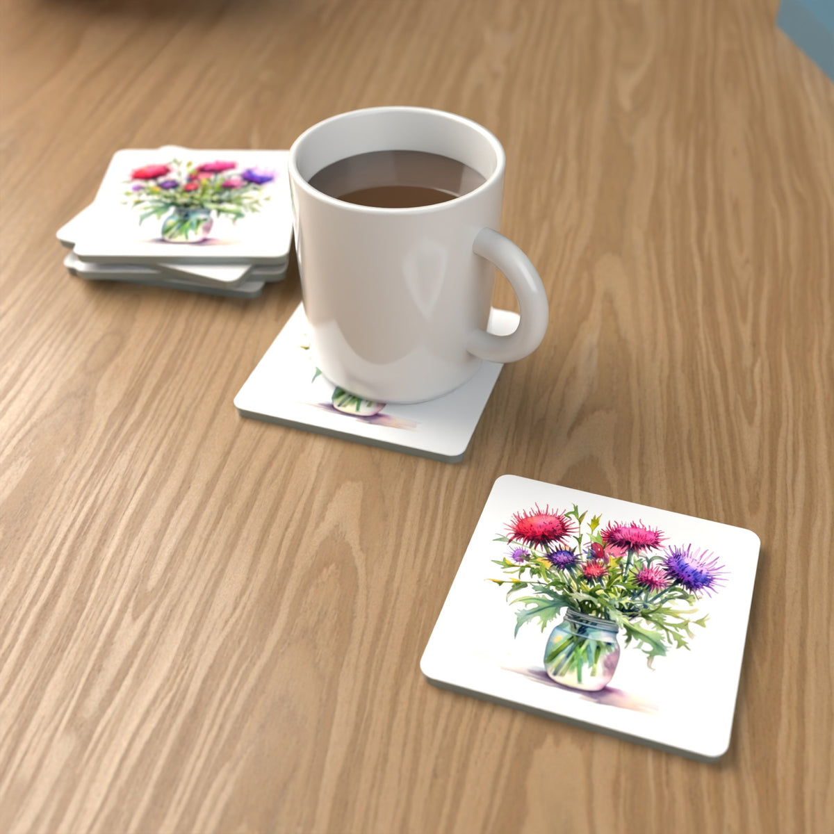 Thistle & Wildflower Jar Square Glass Coasters – Set of 6 – Pre-order – lifestyle mockup 1