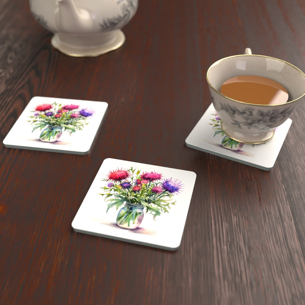 Thistle & Wildflower Jar Square Glass Coasters – Set of 6 – Pre-order – lifestyle mockup 2