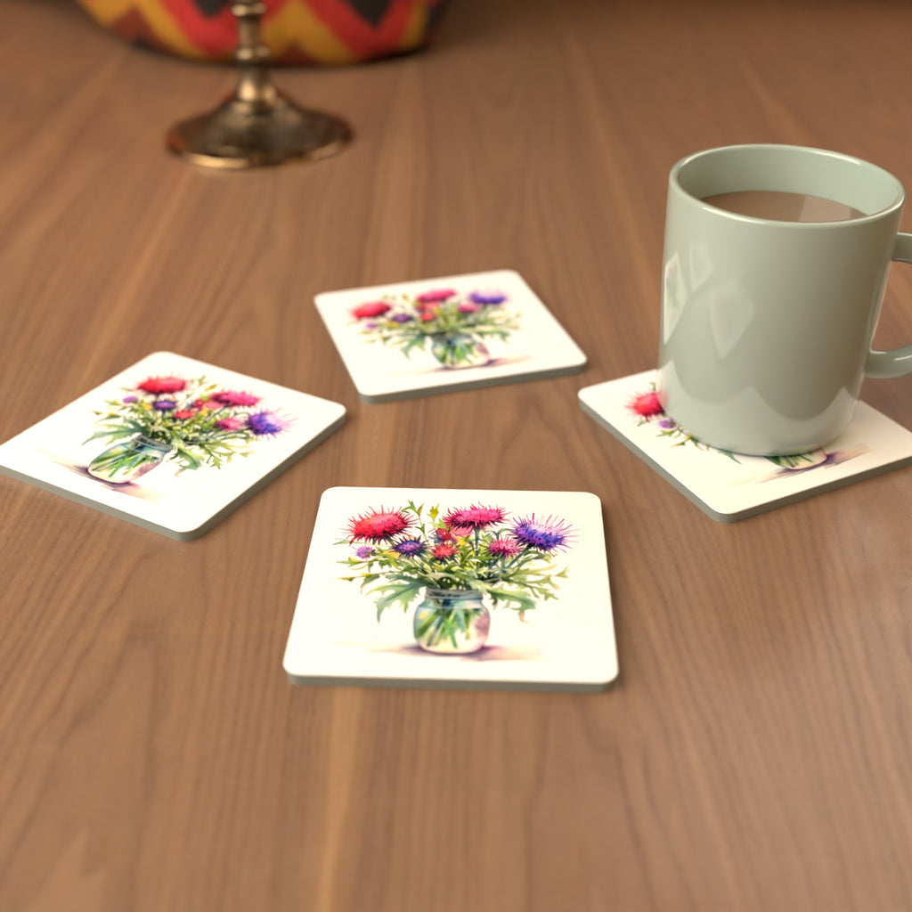Thistle & Wildflower Jar Square Glass Coasters – Set of 6 – Pre-order – lifestyle mockup 3