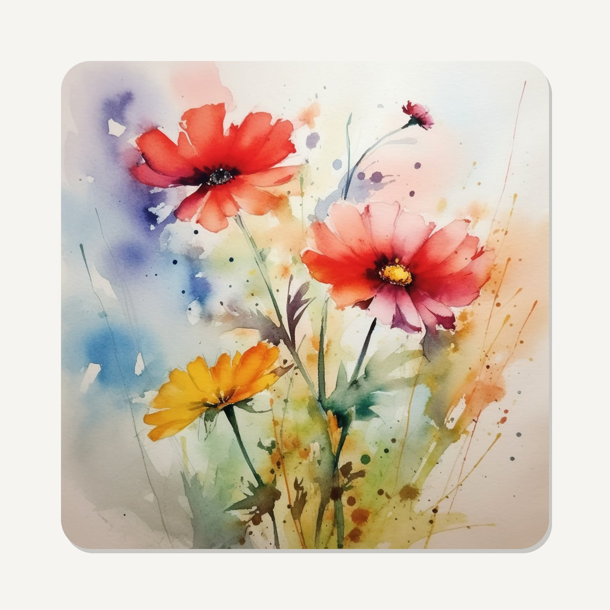 Watercolour Poppies – the flat artwork printed on these square glass coasters