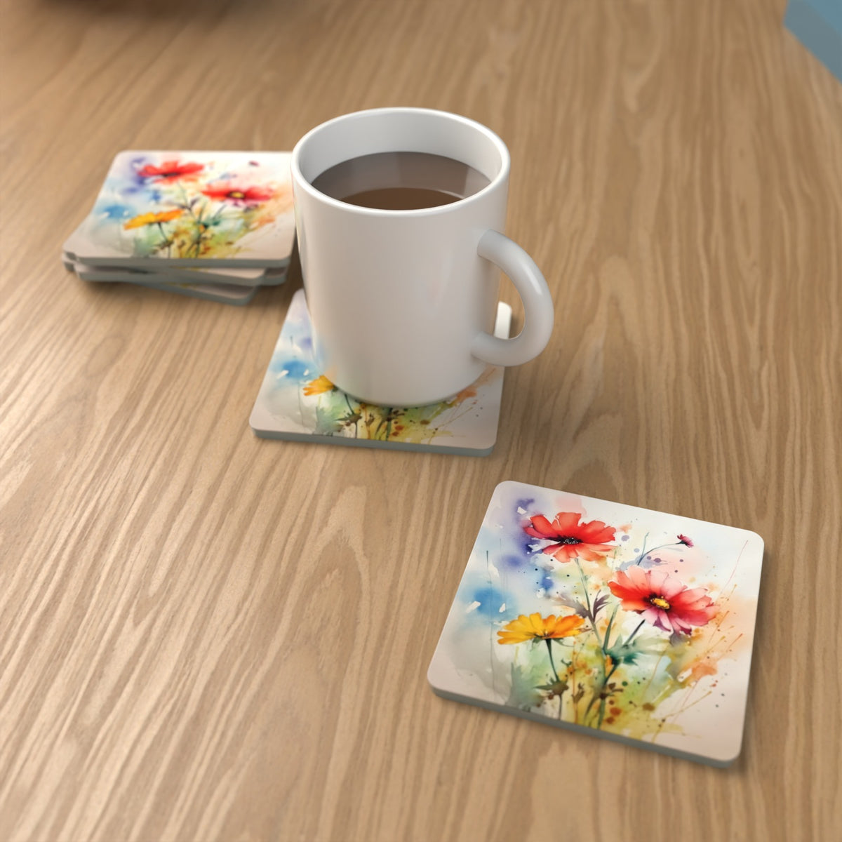 Watercolour Poppies Square Glass Coasters – Set of 6 – Pre-order – lifestyle mockup 1