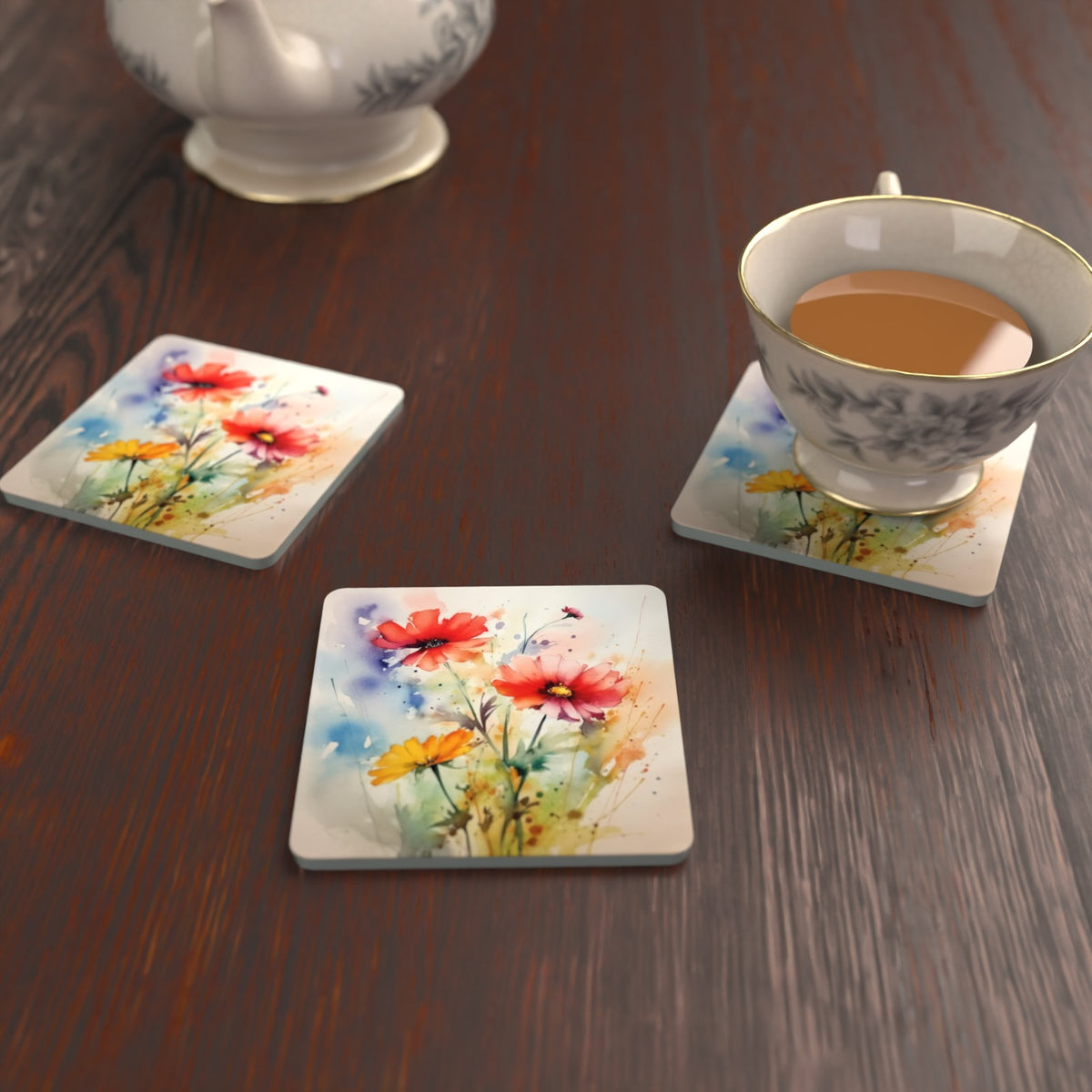 Watercolour Poppies Square Glass Coasters – Set of 6 – Pre-order – lifestyle mockup 2