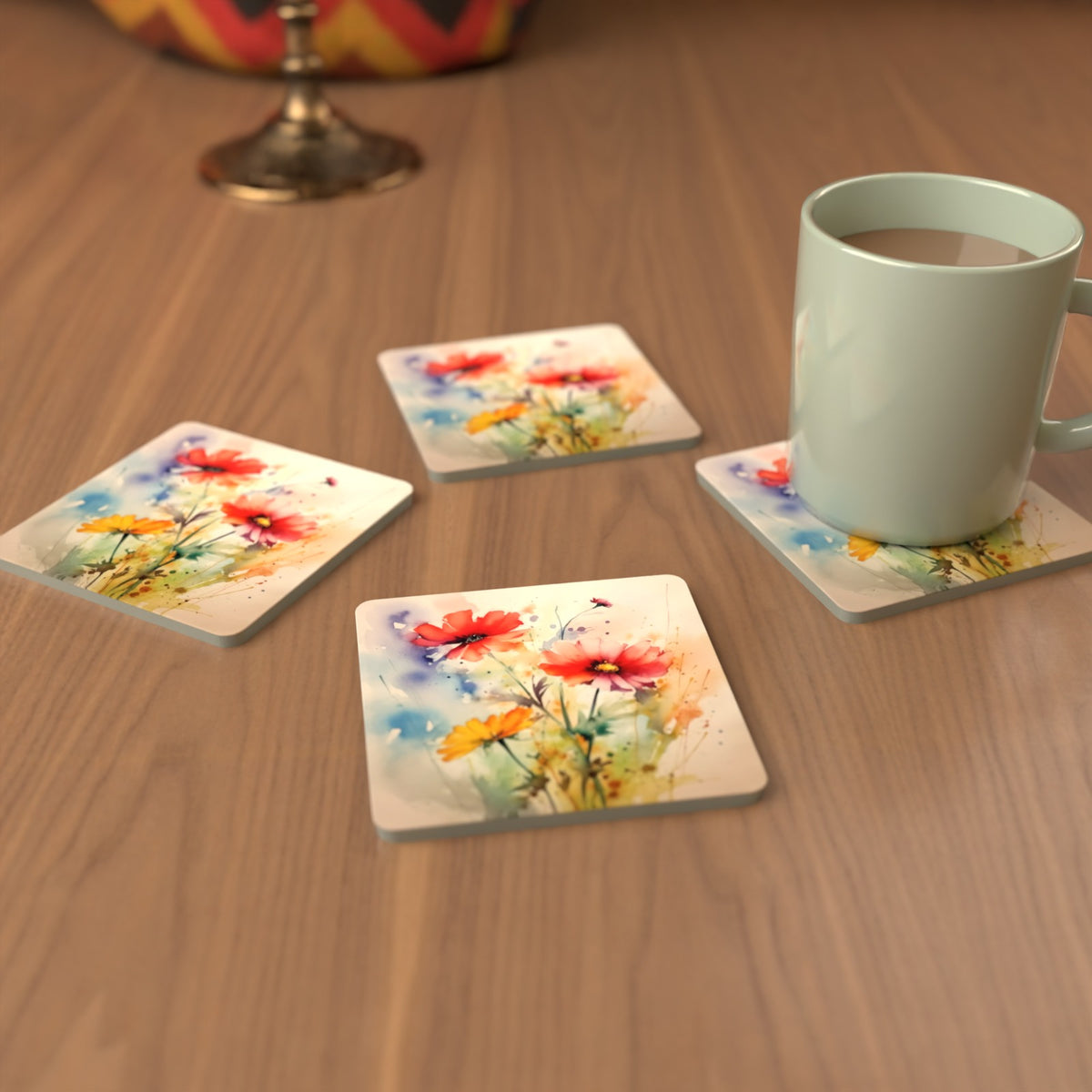 Watercolour Poppies Square Glass Coasters – Set of 6 – Pre-order – lifestyle mockup 3