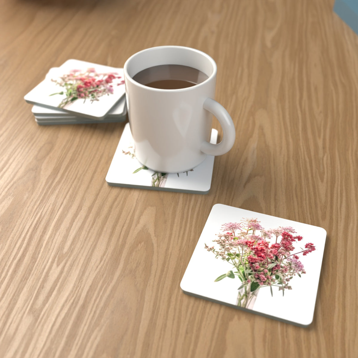 Pink Wildflower Bouquet Square Glass Coasters – Set of 6 – Pre-order – lifestyle mockup 1