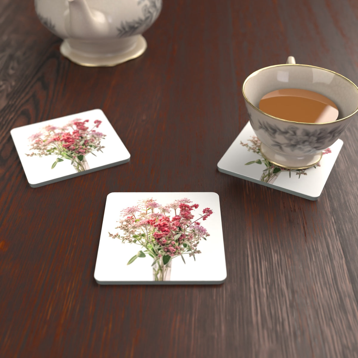 Pink Wildflower Bouquet Square Glass Coasters – Set of 6 – Pre-order – lifestyle mockup 2