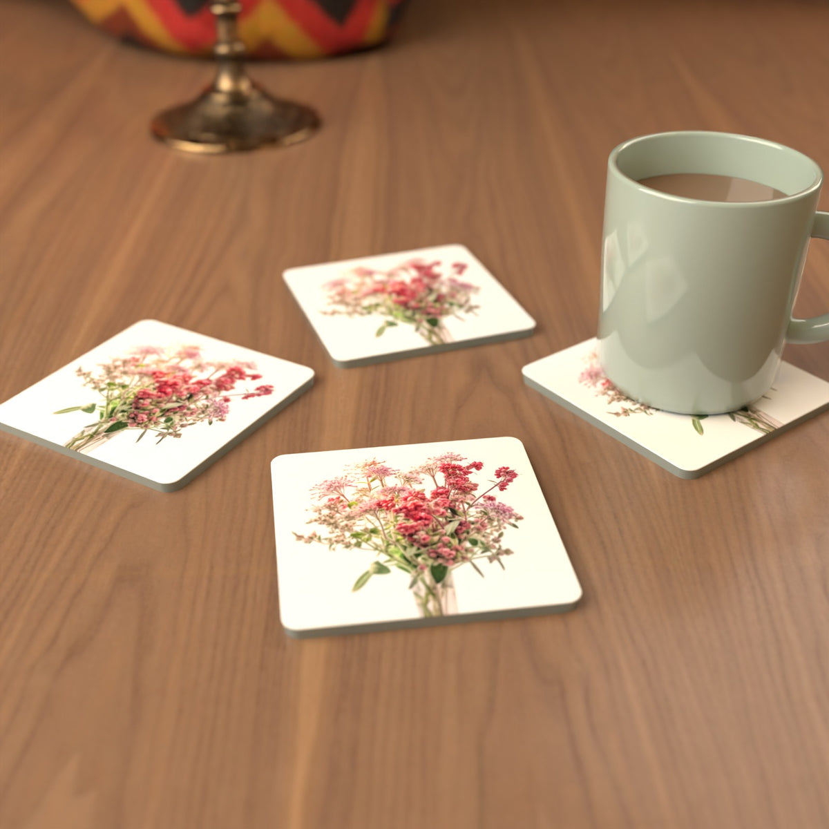 Pink Wildflower Bouquet Square Glass Coasters – Set of 6 – Pre-order – lifestyle mockup 3