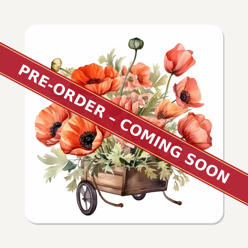 Poppy Wheelbarrow square glass coaster set of 6, pre-order coming soon