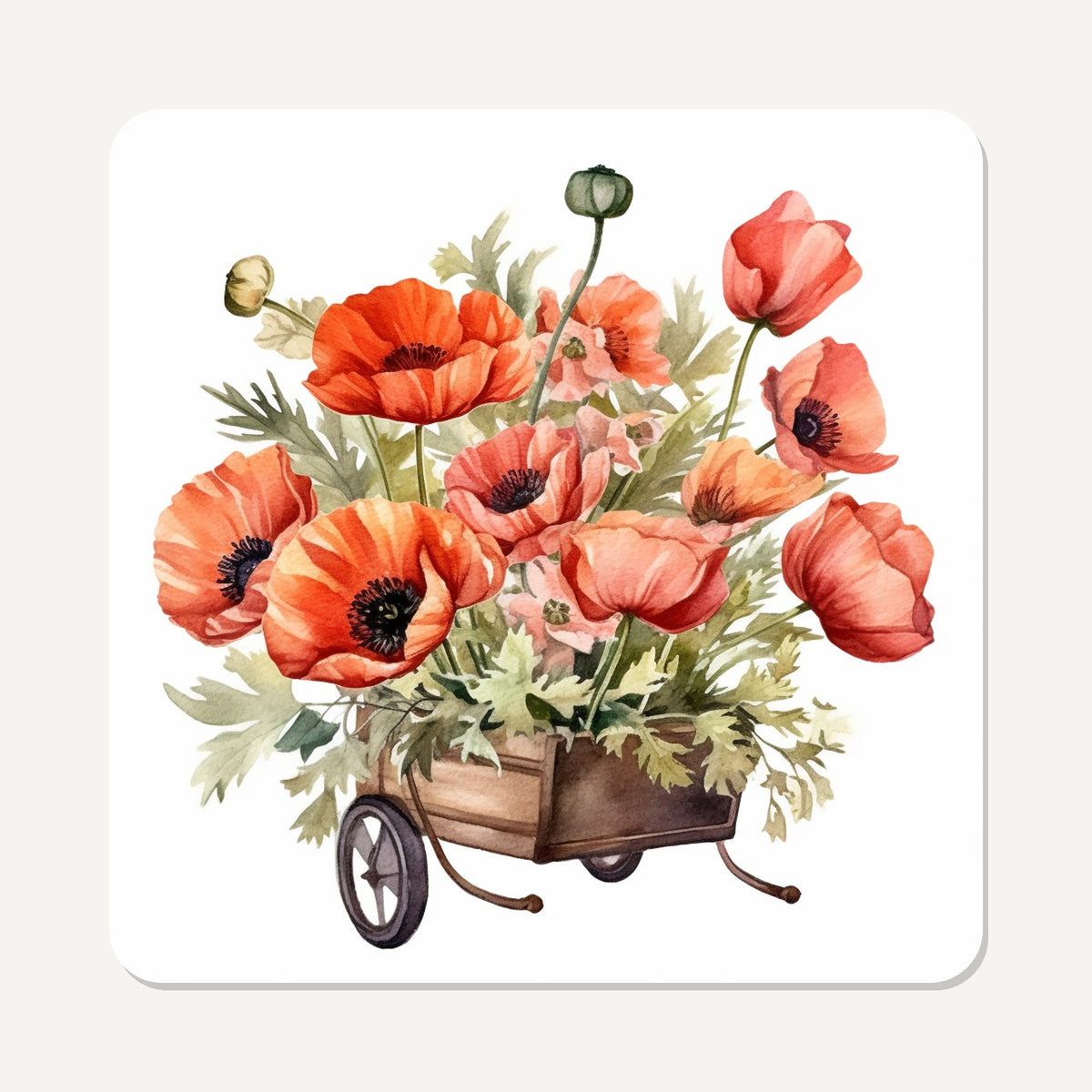Poppy Wheelbarrow – the flat artwork printed on these square glass coasters