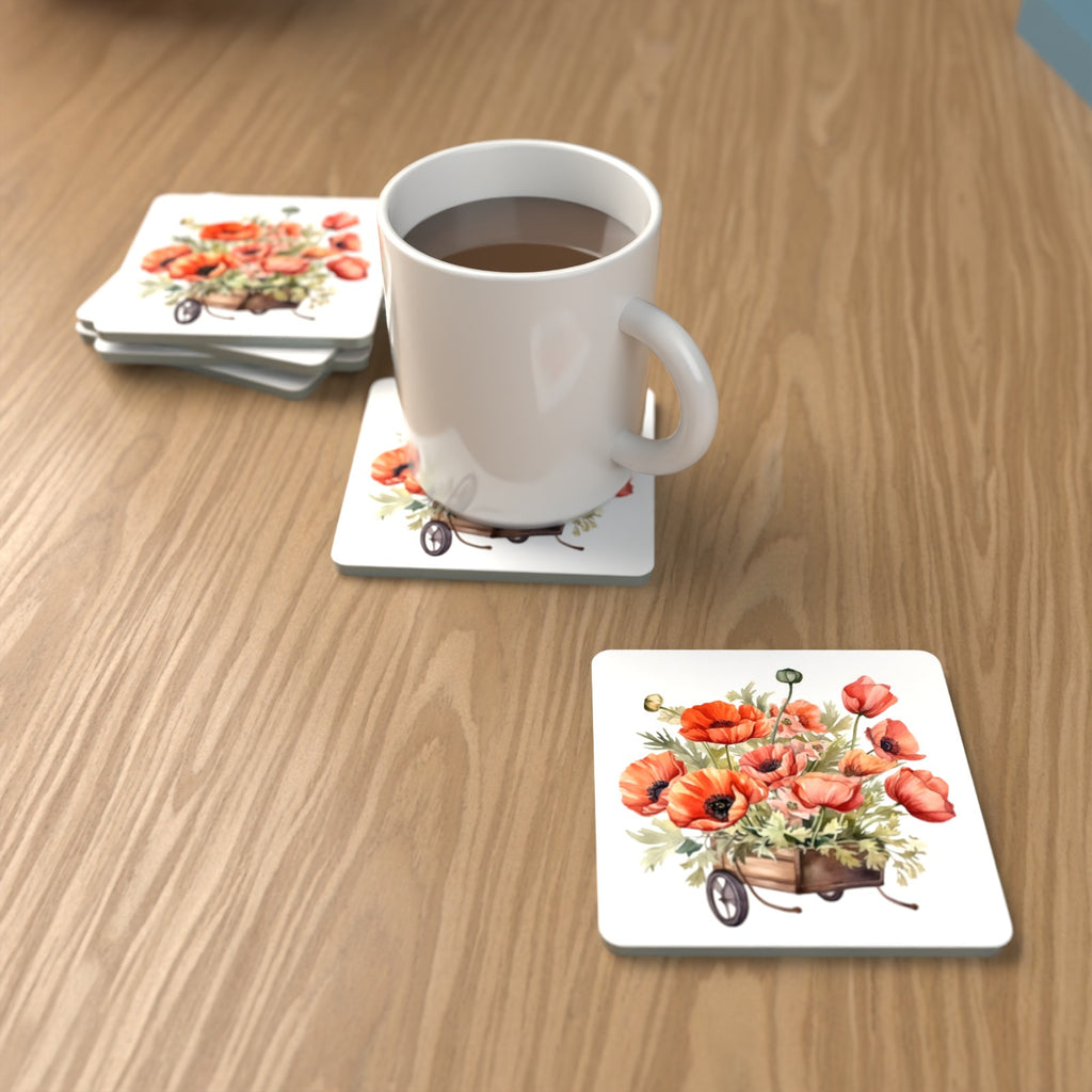 Poppy Wheelbarrow Square Glass Coasters – Set of 6 – Pre-order – lifestyle mockup 1