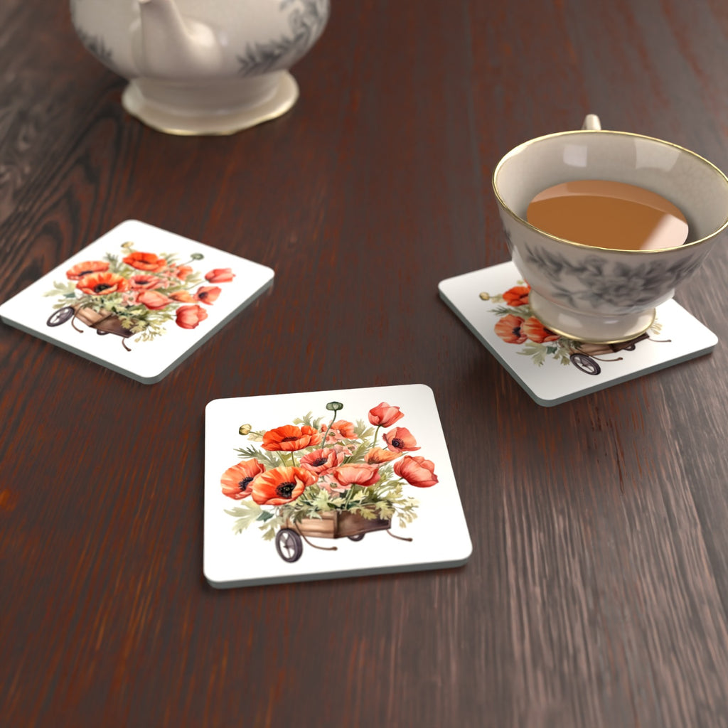 Poppy Wheelbarrow Square Glass Coasters – Set of 6 – Pre-order – lifestyle mockup 2
