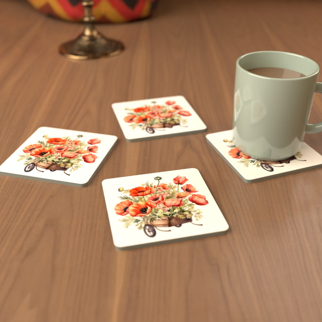 Poppy Wheelbarrow Square Glass Coasters – Set of 6 – Pre-order – lifestyle mockup 3