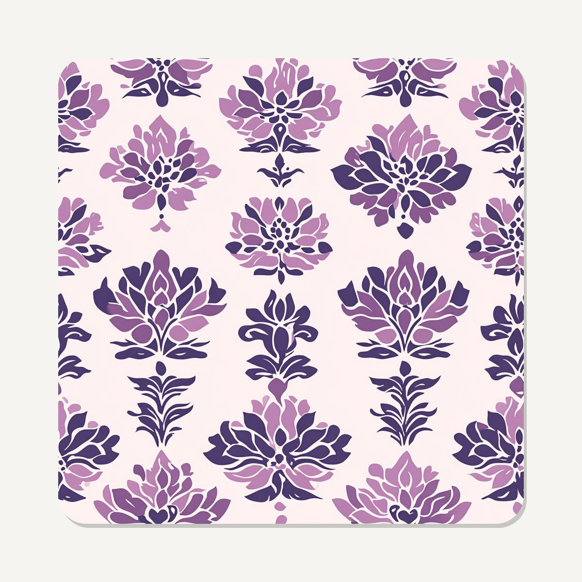 Lilac Damask Pattern – the flat artwork printed on these square glass coasters