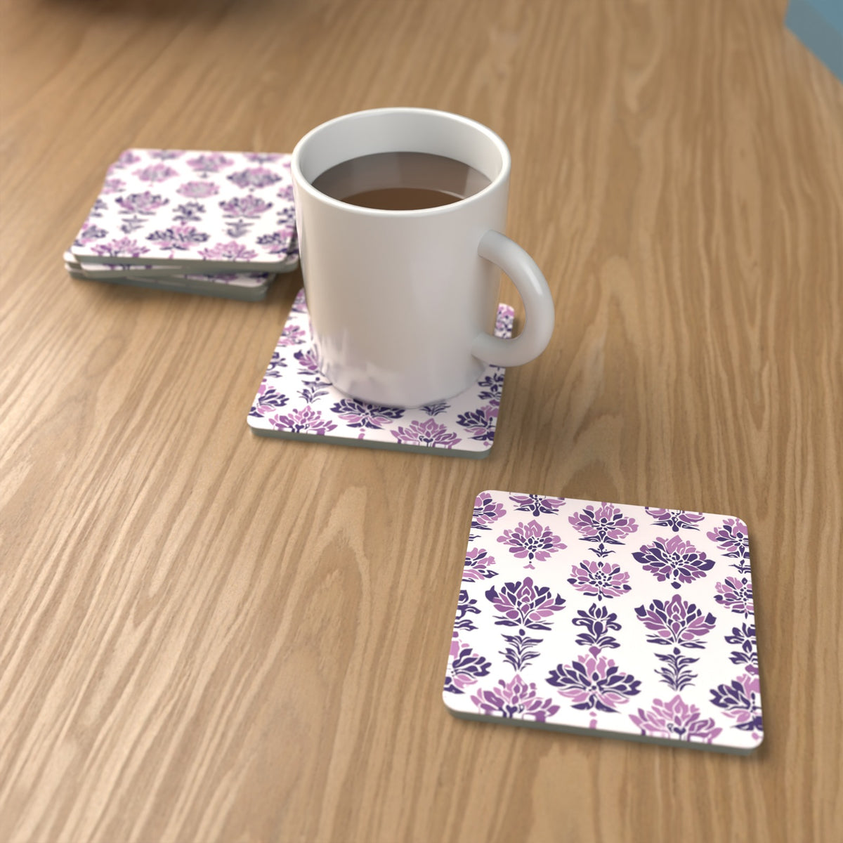 Lilac Damask Pattern Square Glass Coasters – Set of 6 – Pre-order – lifestyle mockup 1