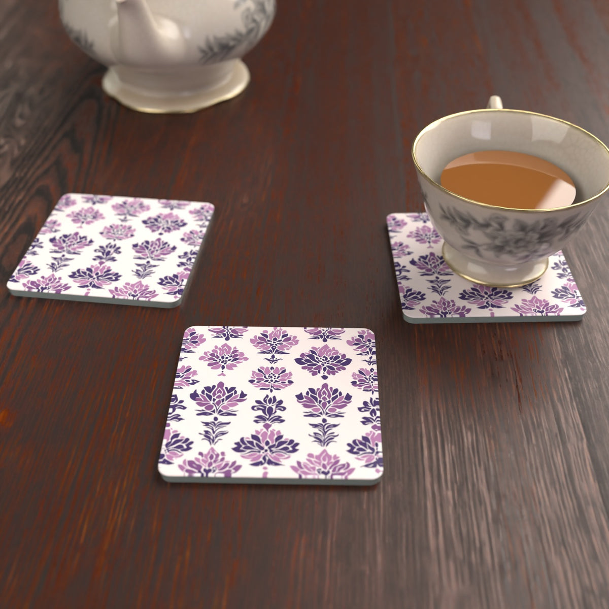 Lilac Damask Pattern Square Glass Coasters – Set of 6 – Pre-order – lifestyle mockup 2
