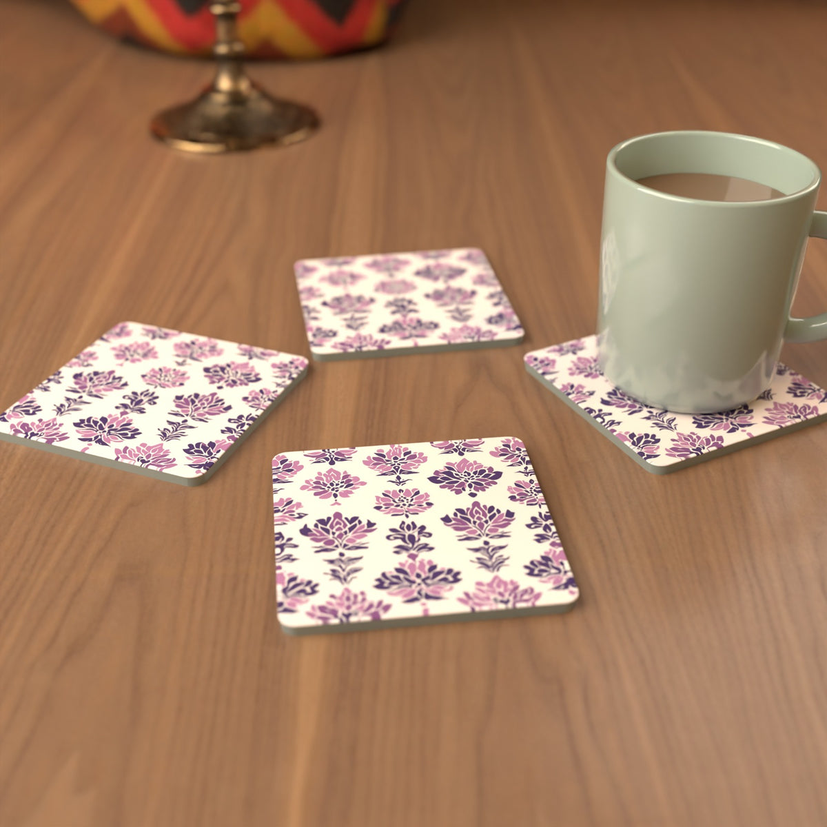 Lilac Damask Pattern Square Glass Coasters – Set of 6 – Pre-order – lifestyle mockup 3