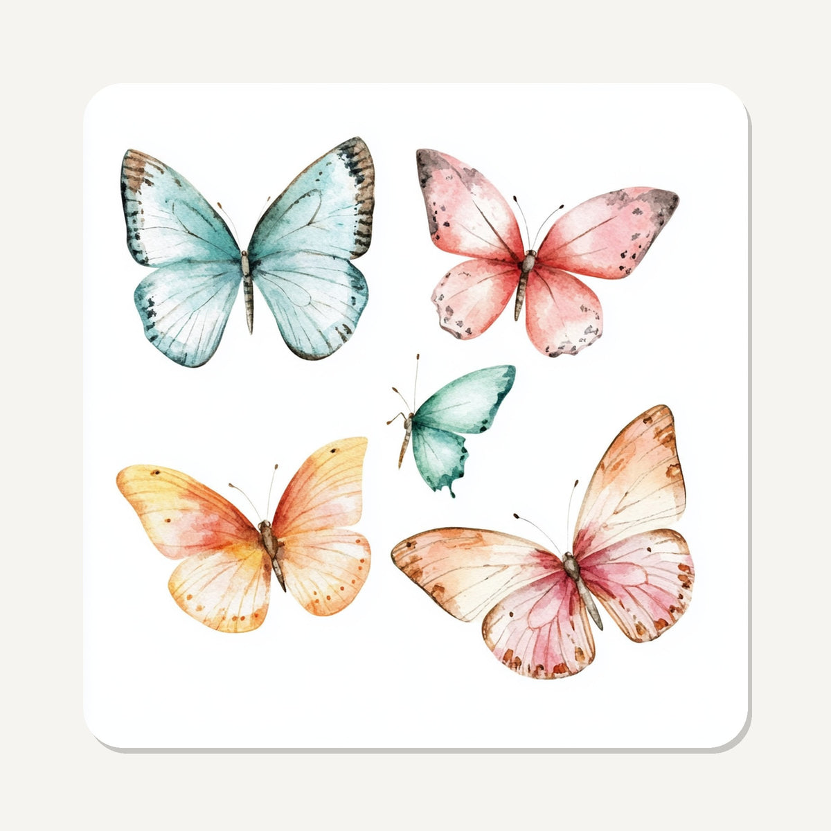 Pastel Butterflies – the flat artwork printed on these square glass coasters