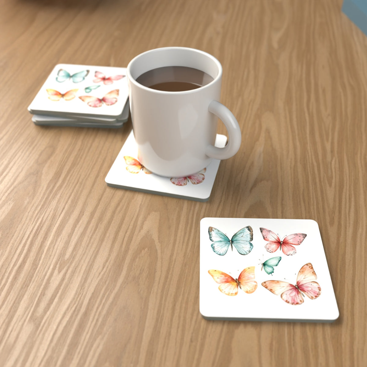 Pastel Butterflies Square Glass Coasters – Set of 6 – Pre-order – lifestyle mockup 1