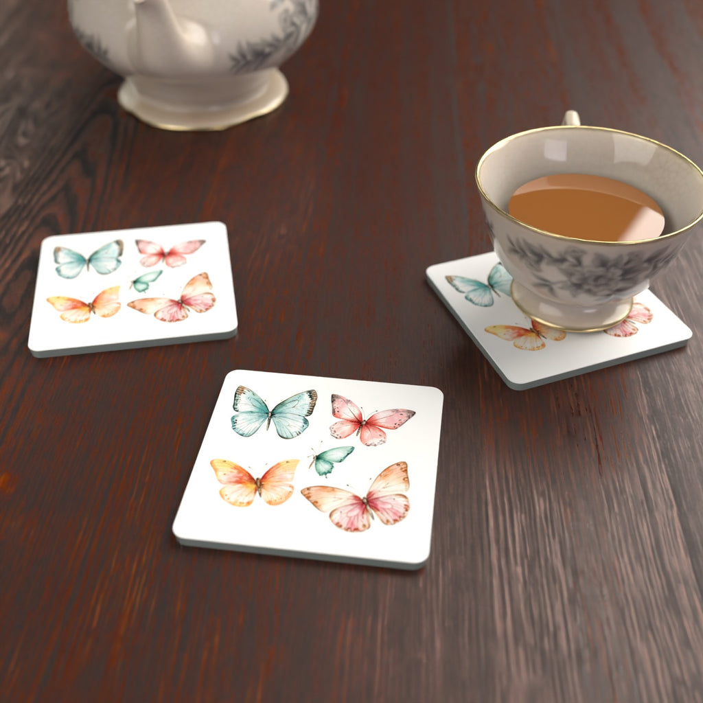 Pastel Butterflies Square Glass Coasters – Set of 6 – Pre-order – lifestyle mockup 2
