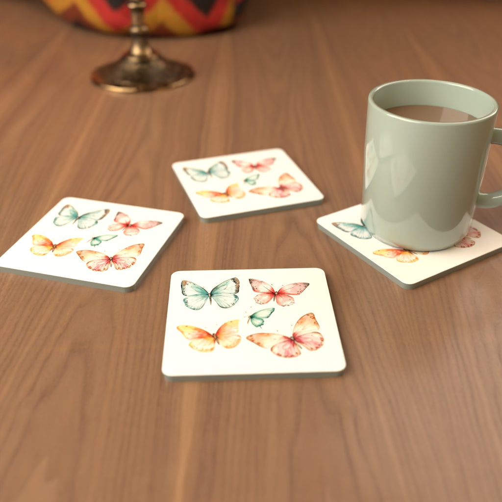 Pastel Butterflies Square Glass Coasters – Set of 6 – Pre-order – lifestyle mockup 3