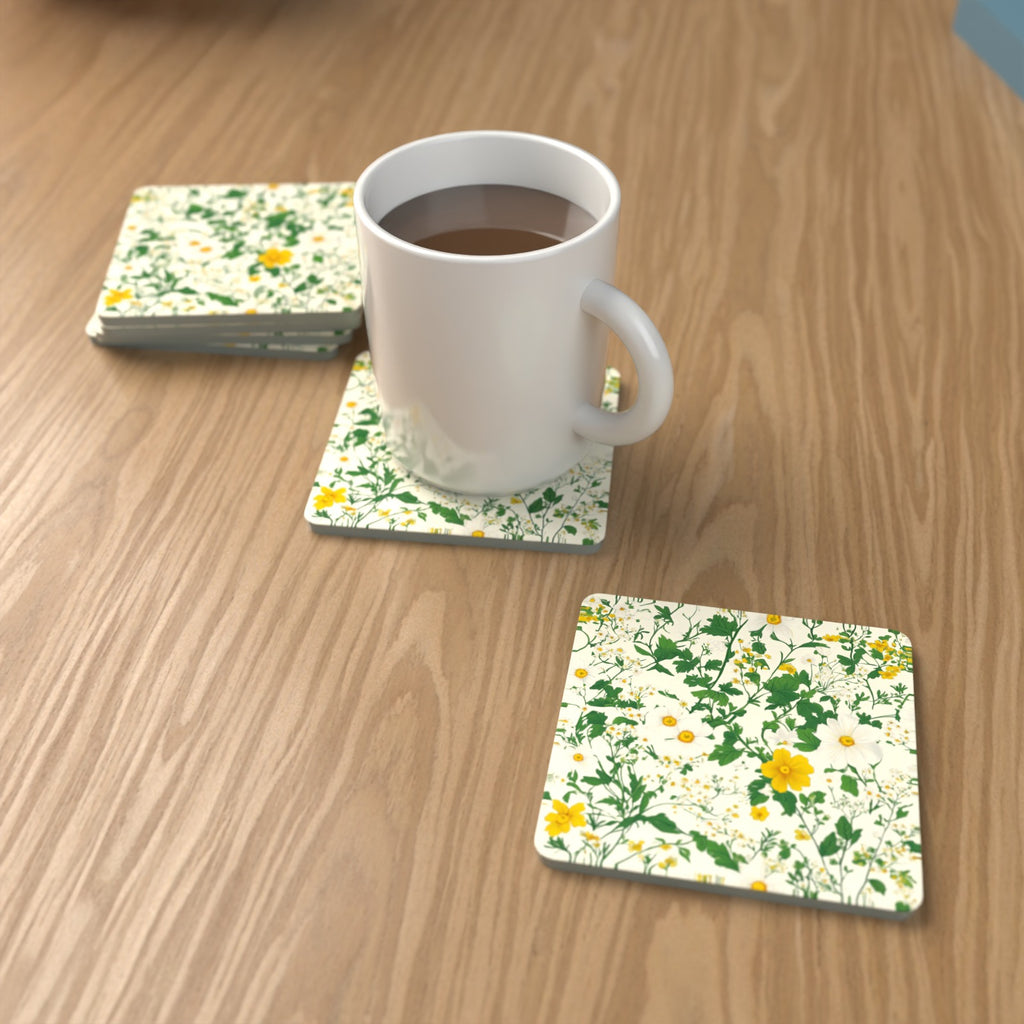 Ditsy Daisy Floral Square Glass Coasters – Set of 6 – Pre-order – lifestyle mockup 1