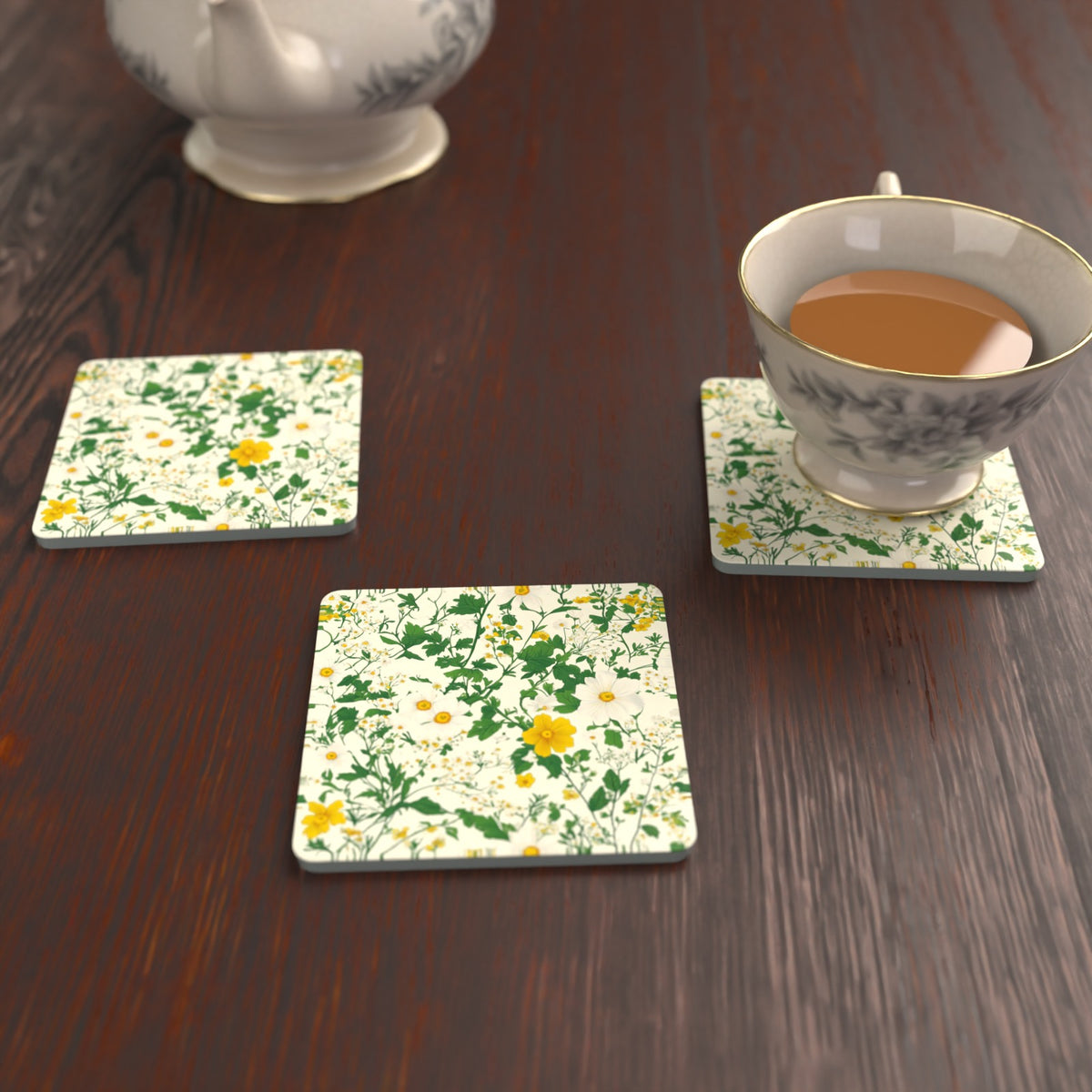 Ditsy Daisy Floral Square Glass Coasters – Set of 6 – Pre-order – lifestyle mockup 2
