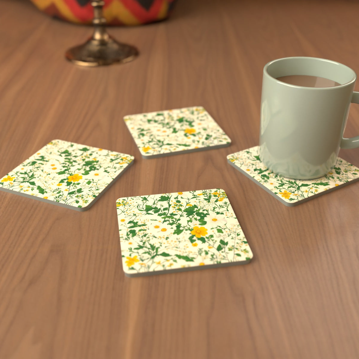 Ditsy Daisy Floral Square Glass Coasters – Set of 6 – Pre-order – lifestyle mockup 3