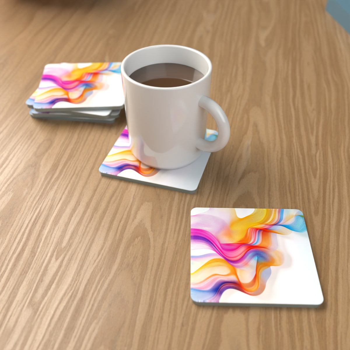 Rainbow Silk Ribbons Square Glass Coasters – Set of 6 – Pre-order – lifestyle mockup 1