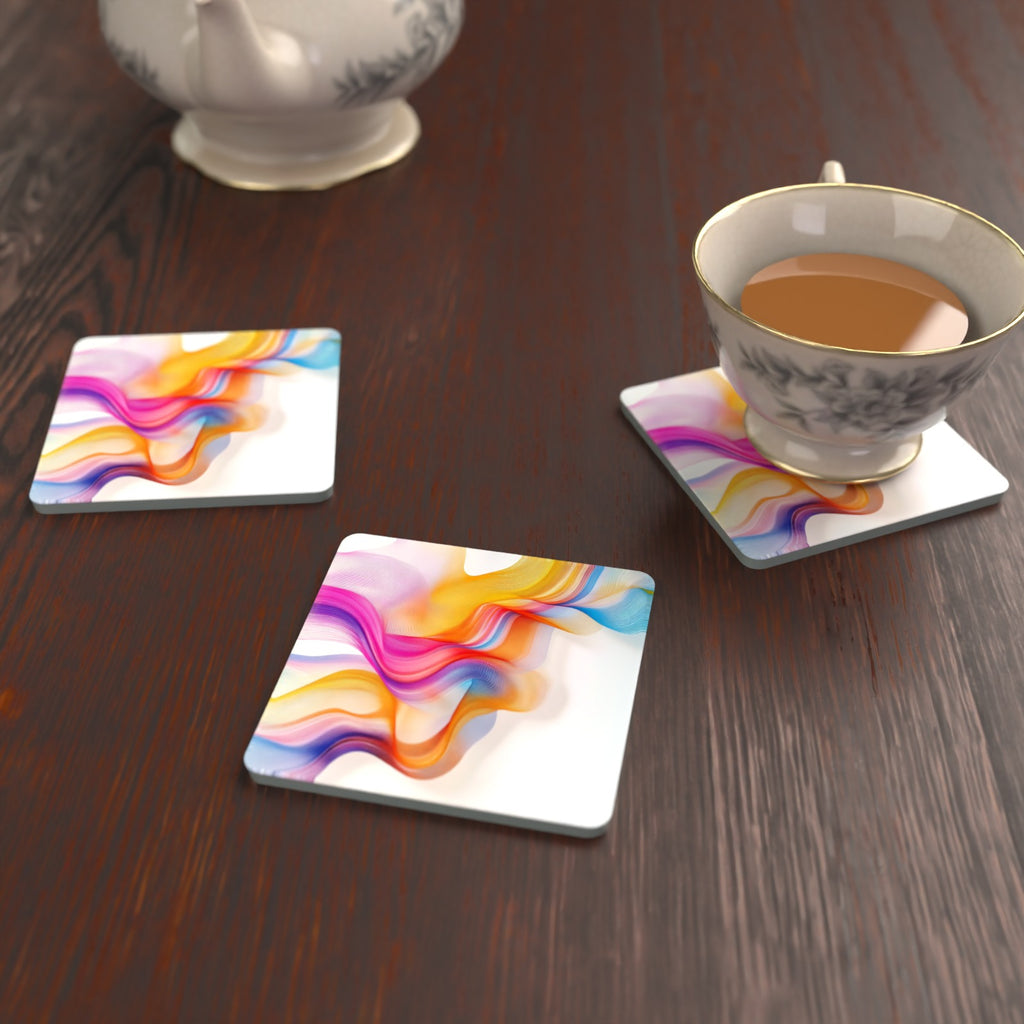Rainbow Silk Ribbons Square Glass Coasters – Set of 6 – Pre-order – lifestyle mockup 2
