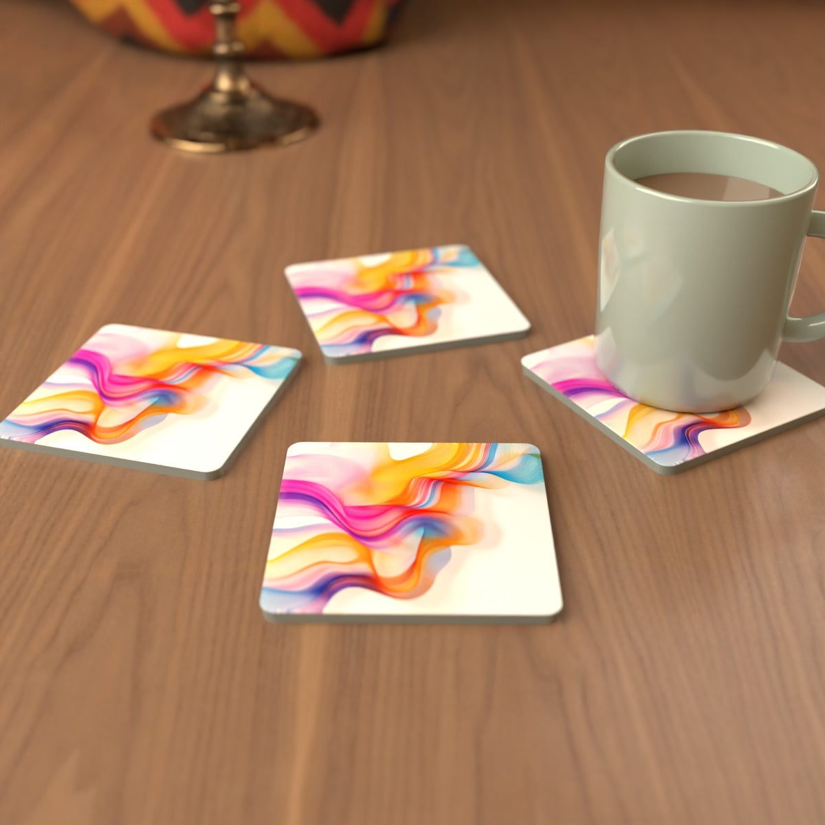 Rainbow Silk Ribbons Square Glass Coasters – Set of 6 – Pre-order – lifestyle mockup 3