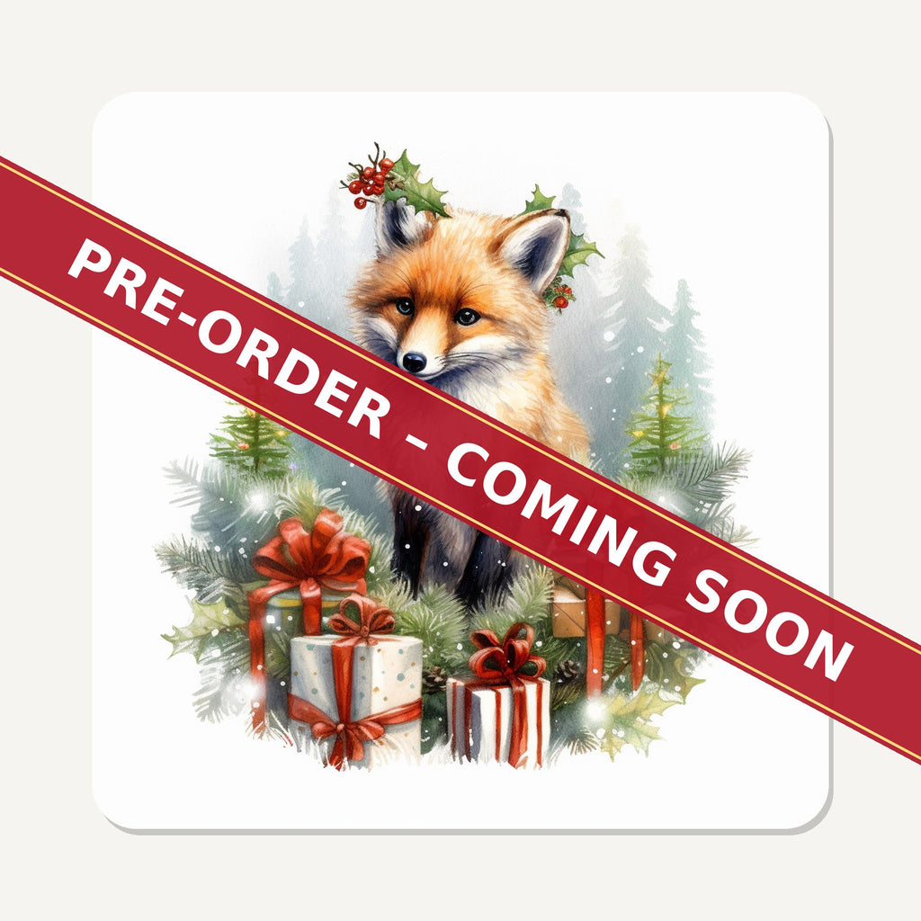 Christmas Fox with Gifts square glass coaster set of 6, pre-order coming soon