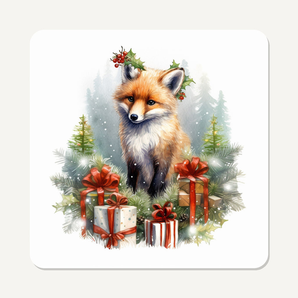 Christmas Fox with Gifts – the flat artwork printed on these square glass coasters