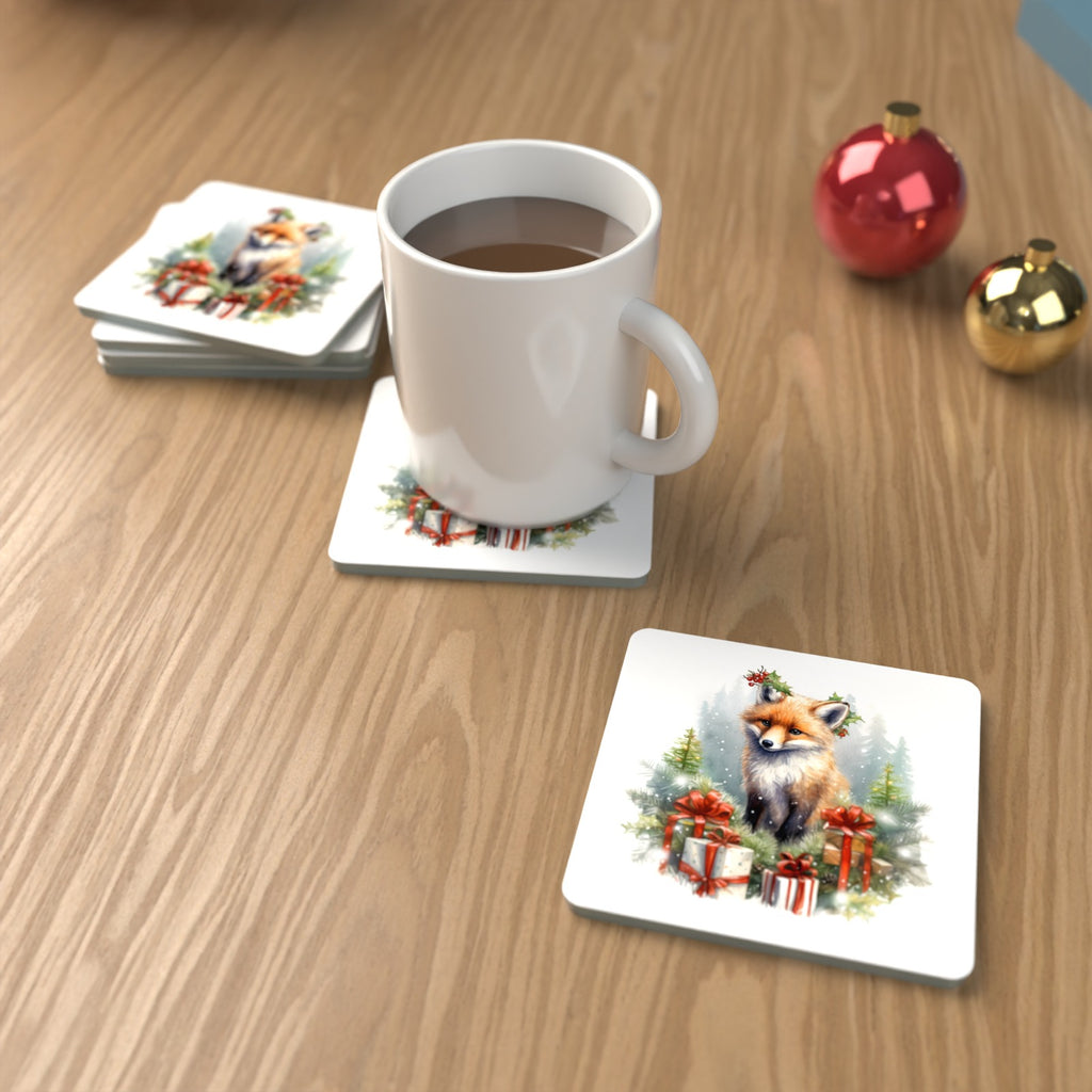 Christmas Fox with Gifts Square Glass Coasters – Set of 6 – Pre-order – lifestyle mockup 1