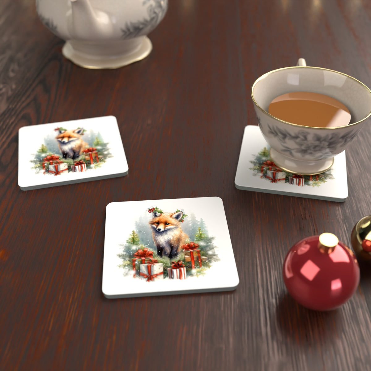 Christmas Fox with Gifts Square Glass Coasters – Set of 6 – Pre-order – lifestyle mockup 2